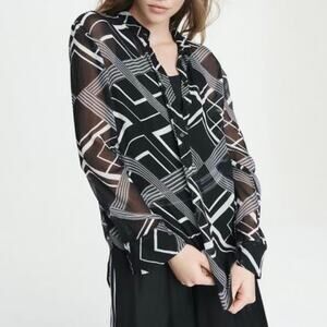 RAG & BONE Scarlet Geometric Printed Long-Sleeve Silk Blouse Black/White Sz M